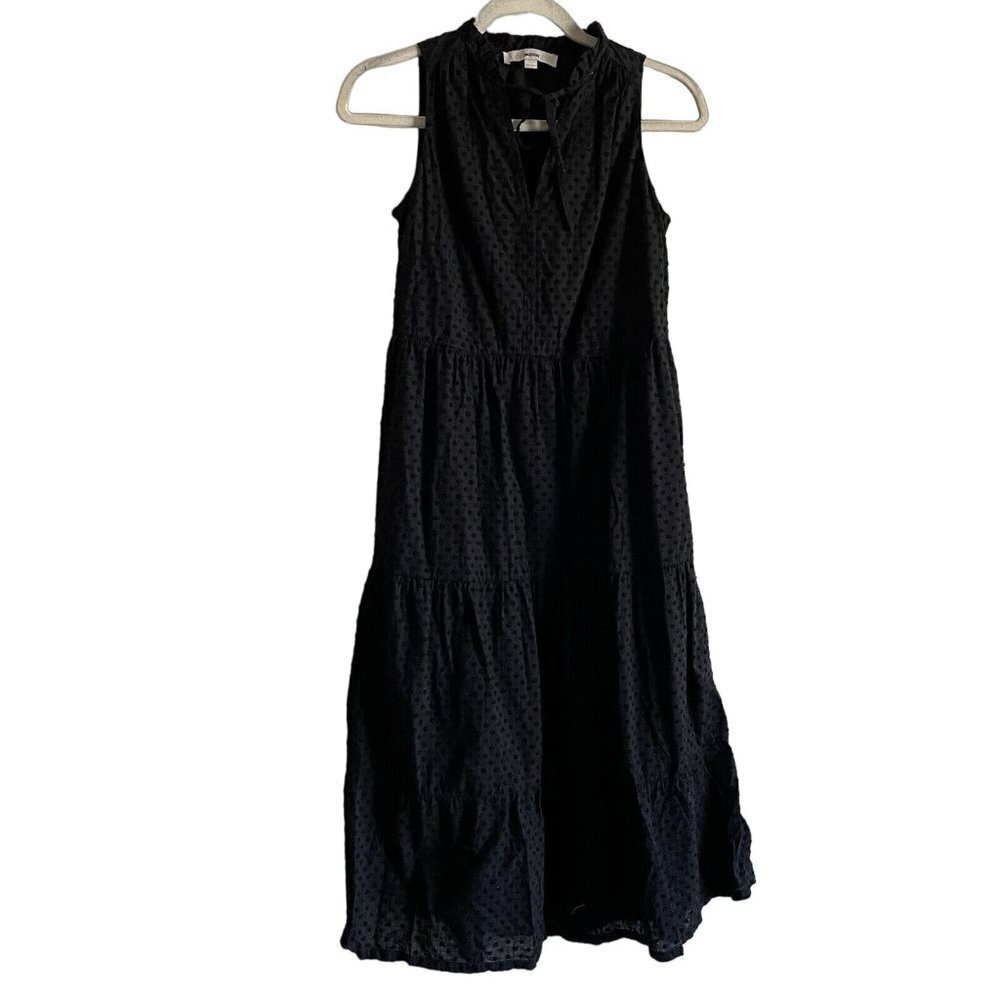 LOFT Women XXS Black Swiss Dot Sleeveless Tie Neck Tiered Midi Swing Dress - Picture 2 of 8